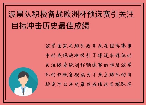 波黑队积极备战欧洲杯预选赛引关注 目标冲击历史最佳成绩 波黑队积极备战欧洲杯预选赛引关注 目标冲击历史最佳成绩